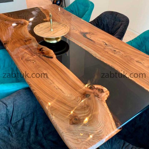 میز نهارخوری ترکیبی چوب ملچ و رزین دودی ترنسپرنت