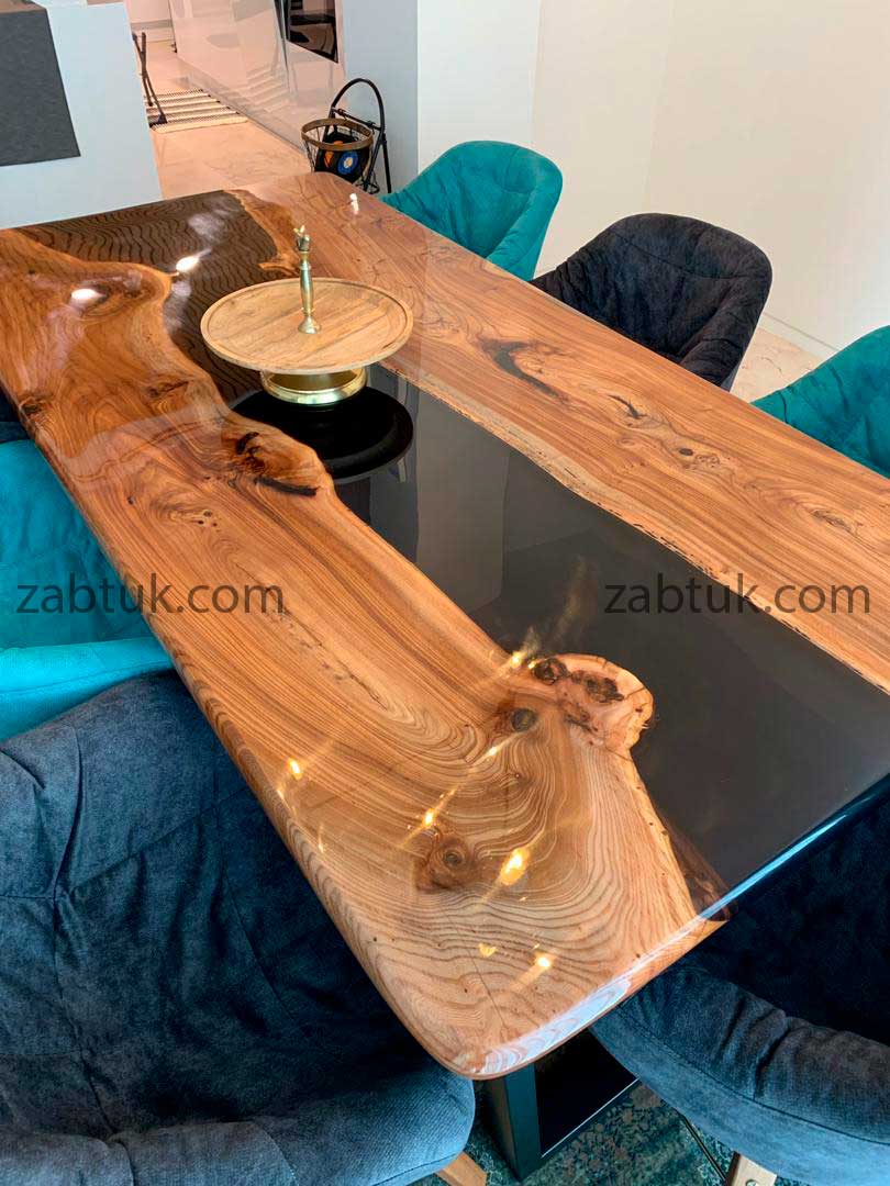 میز نهارخوری ترکیبی چوب ملچ و رزین دودی ترنسپرنت