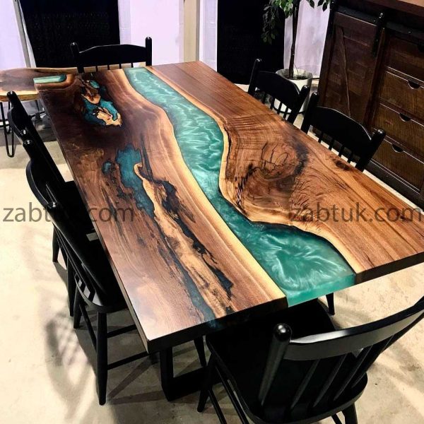 میز نهارخوری ترکیبی چوب گردو و رزین سبز متالیک