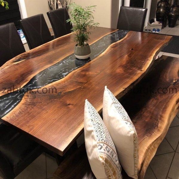 میز نهارخوری ترکیبی چوب گردو و رزین دودی متالیک